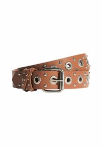 Brown leather belt with silver-tone hardware, featuring circular cutouts and studs. Flat design with a buckle closure and twisted end.