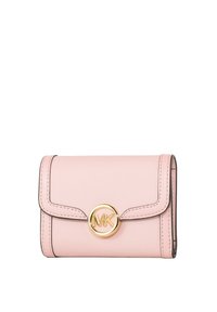 Light pink leather wallet with a gold circular logo, accented stitching, and a flap closure. Compact rectangular shape with textured surface.