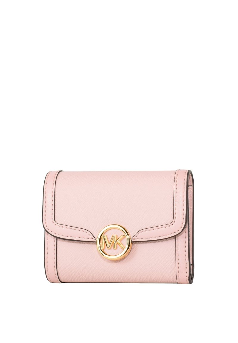 Light pink leather wallet with a gold circular logo, accented stitching, and a flap closure. Compact rectangular shape with textured surface.