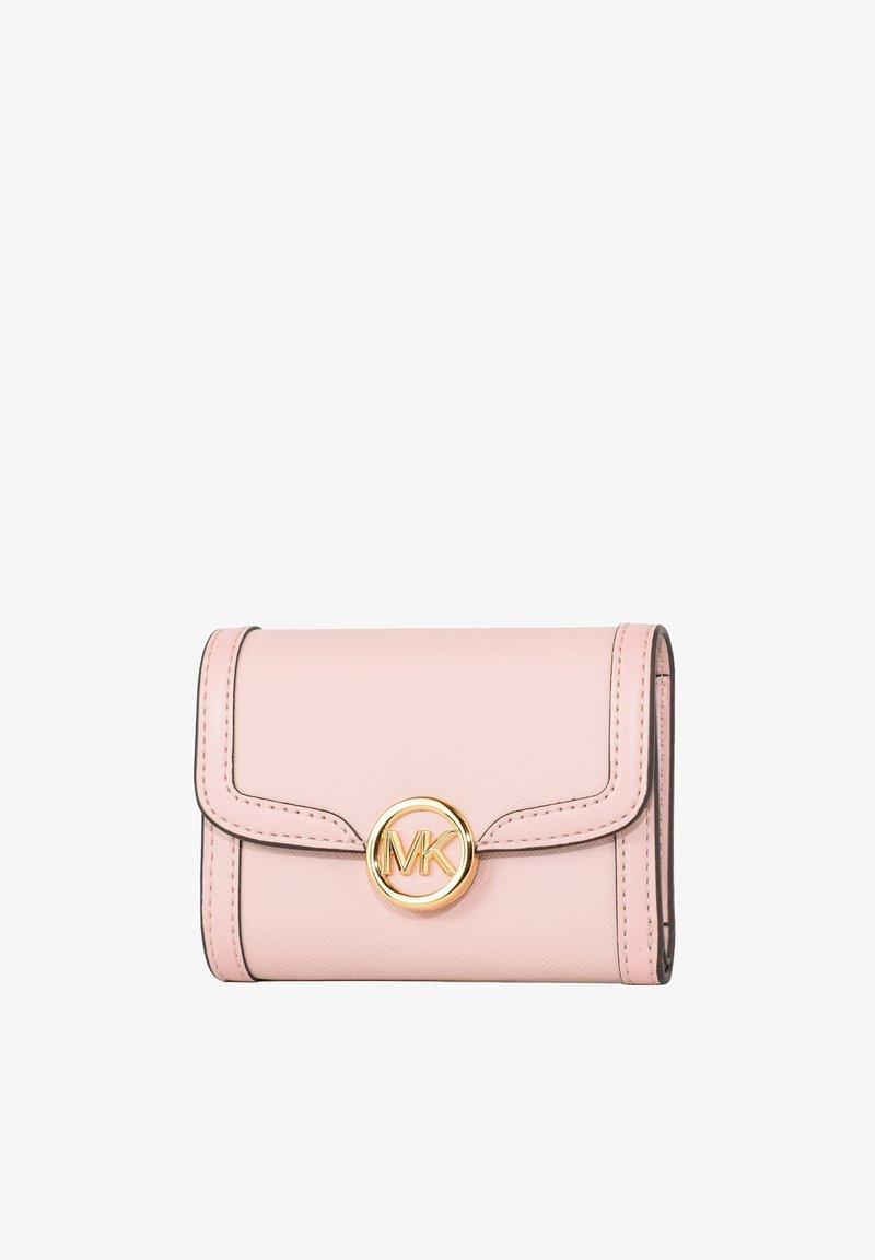 Light pink leather wallet with a gold circular logo, accented stitching, and a flap closure. Compact rectangular shape with textured surface.