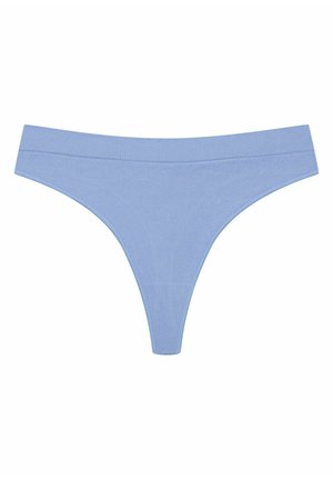 Jasnoniebieski thong o prążkowanej fakturze, z bezszwowym elastycznym paskiem w talii i minimalistycznym wzornictwie. Brak dodatkowych wzorów lub osprzętu.