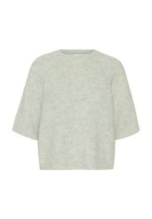 Maglione corto a maniche corte azzurro chiaro realizzato in materiale morbido e peloso. Presenta un collo rotondo e una vestibilità rilassata, con una superficie leggermente strutturata.