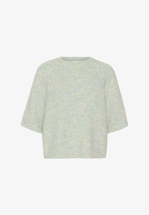 Svetlo modrý sveter s krátkym rukávom vyrobený z mäkkého, chlpatej látky. Má okrúhly výstrih a voľný strih, s jemne textúrovaným povrchom.