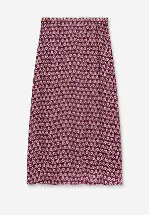 Bordeauxrode rok met een kleine bloemenprint in lichtroze, voorzien van een elastische tailleband en een gladde, lichte stof.