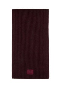 Écharpe bordeaux en tricot doux, dotée d'une petite étiquette de marque en bas. Forme rectangulaire, surface texturée.