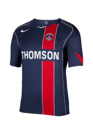 Mørkeblå fodboldtrøje med en rød lodret stribe, hvid "THOMSON" tekst, Paris Saint-Germain klublogo og hvidt Nike-logo på forsiden.