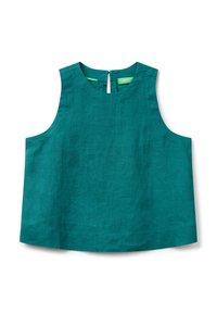 Světlé bezrukávové lněné tričko v modrozelené barvě s kulatým výstřihem a zadním zapínáním na klíčovou dírku. Má hladkou texturu a volný, uvolněný střih.