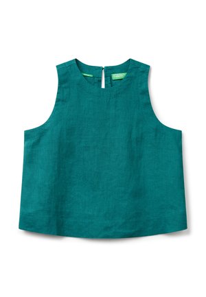 Tropfblauer ärmelloser Leinenoberteil mit rundem Halsausschnitt und Schlüsselaugenverschluss hinten. Hat eine glatte Textur und einen lockeren, entspannten Schnitt.