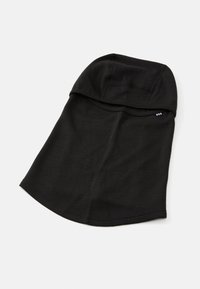 Svart balaklava laget av myk, elastisk stoff. Har en tettsittende design med rund topp og en jevn, sømløs tekstur.