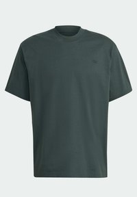 Dunkelgrünes Kurzarm-T-Shirt mit Rundhalsausschnitt und einem kleinen, dezenten Logo auf der linken Brust.