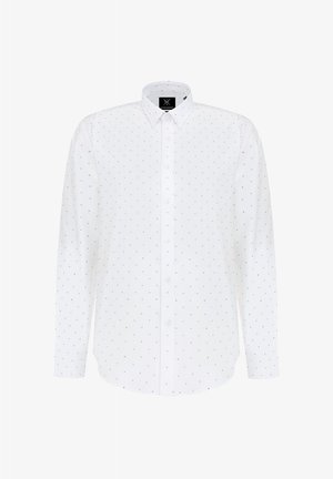 Biała koszula z długim rękawem, z klasycznym kołnierzykiem i zakrzywionym dołem, w niebieskie i czarne kropki. Wykonana z lekkiego materiału.