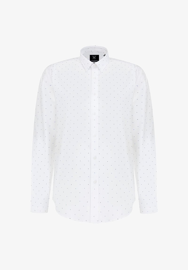 Biała koszula z długim rękawem, z klasycznym kołnierzykiem i zakrzywionym dołem, w niebieskie i czarne kropki. Wykonana z lekkiego materiału.