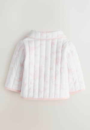 Valge tikandjope õrna roosa lillemustriga, lühikeste varrukatega ja kontrastse roosa pipriga krae ja ääre ümber.