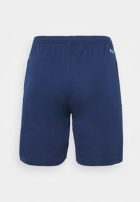 Shorts de sport bleu marine avec taille élastique, présentés de dos sur un fond blanc uni.