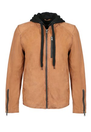 Bruine leren jas met een zwarte capuchon. Heeft een volledige rits aan de voorkant, twee zijritsen en een gladde textuur. Contraststiksels zijn zichtbaar.