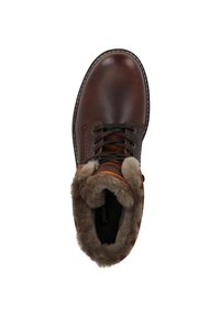 Bruine leren veterschoen met een zachte nep-vachtvoering rond de opening, ronde neus en gestikte details langs de zool.