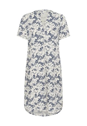 Kreemikaunistusega lilleline kleit tumesinise lillemustriga. Lühikesed varrukad, v-abiväljund ja kaardus hem. Valmistatud kerge kangaga.