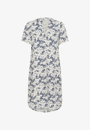 Kwiatowa sukienka w kolorze kremowym z granatowym wzorem kwiatowym. Krótkie rękawy, dekolt w kształcie litery V oraz zaokrąglony dół. Wykonana z lekkiego materiału.