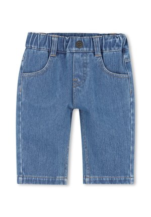 Short en denim bleu pour tout-petit avec taille élastique, bouton sur le devant, passants de ceinture et poches avant sur fond blanc.