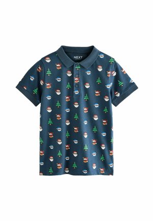 Polo shirt bleu marine à manches courtes, avec un motif de visages de Santa et d'arbres de Noël. Boutons sur le col, en tissu mélangé coton.