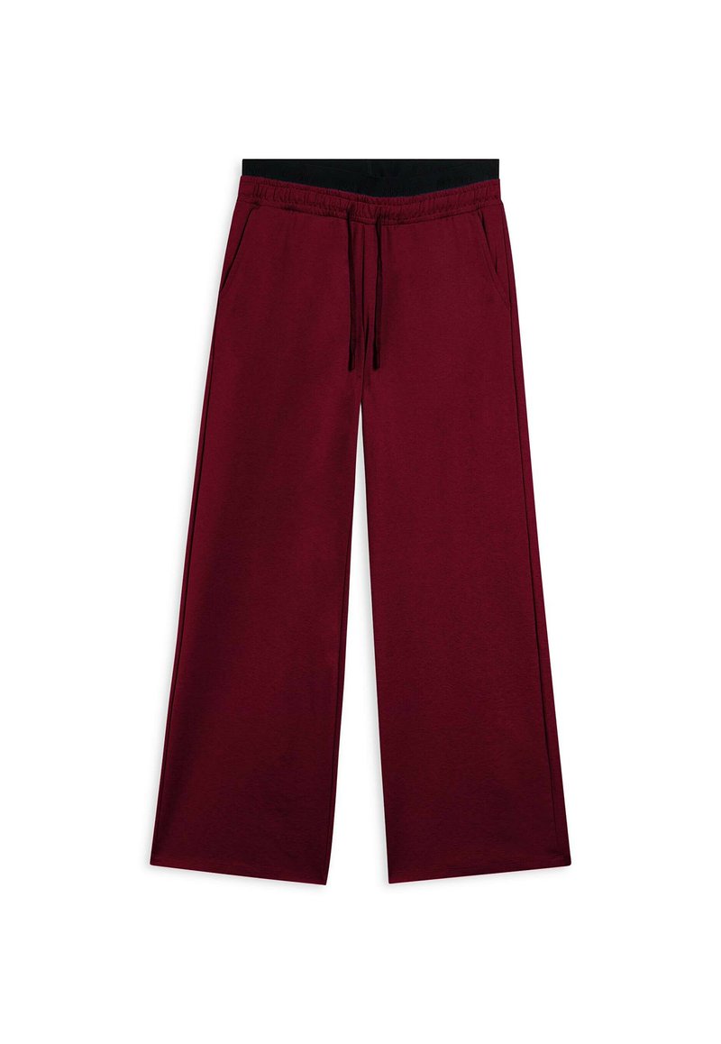 Pantalones de pierna ancha burdeos con una cinturilla elástica negra, cordón y bolsillos laterales. Fabricados con una tela suave y lisa, con un ajuste relajado.