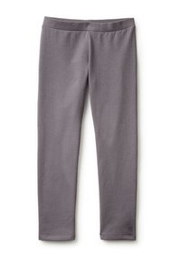 Szare legginsy wykonane z miękkiego, elastycznego materiału z szerokim, elastycznym pasem. Charakteryzują się gładkim, dopasowanym krojem oraz wzmocnionymi szwami na brzegach.