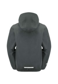 Veste imperméable gris foncé avec capuche. Caractéristiques : poignets élastiques et bande réfléchissante à l'ourlet pour plus de visibilité. Texture de tissu lisse.