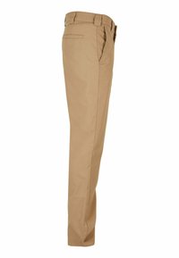 Khaki chinos with a straight-leg cut, featuring belt loops, two side pockets, and one back pocket. Made from smooth cotton fabric.
