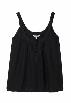 Black sleeveless women’s top with scoop neck, decorative buttons down front, and subtle textured floral pattern.