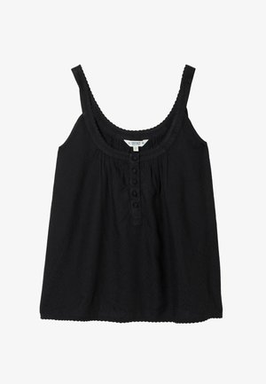 Black sleeveless women’s top with scoop neck, decorative buttons down front, and subtle textured floral pattern.