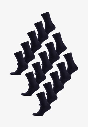 Sorte bomuldssokker med ribbet kant, vist i diagonal opstilling, med en glat tekstur og ensartet farve.