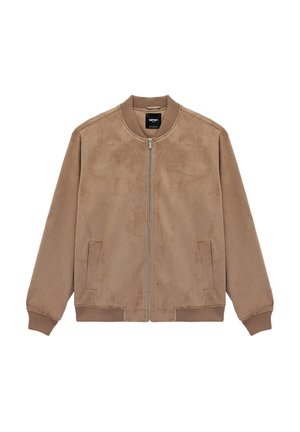 Hellbraune Wildleder-Bomberjacke mit Frontreißverschluss, geripptem Kragen, Bündchen, Saum und zwei Fronttaschen.