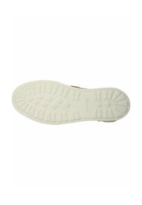 Semelle en caoutchouc blanc avec un motif de grip texturé, comportant des éléments en relief et un marquage. Bords lisses avec une forme de bout arrondi.