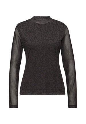 Langemouwen top met een doorschijnend, mesh ontwerp. Heeft een zwarte basis met een luipaardprint in donkere tinten, een aansluitende pasvorm en een ronde hals.