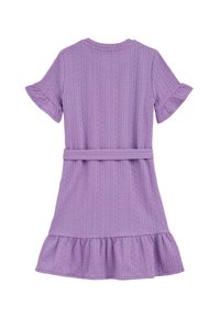 Violet spalvos mezginys su trumpomis rankovėmis, įtrauktu liemeniu su diržu ir platėjančiu, ruoželiu apdailintu hemu. Visame rūbe yra tekstūruotas zigzago raštas.