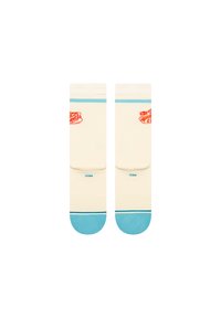 Cream-colored socks with blue accents; features a red graphic logo, contrast striped top band, and soft texture.