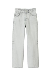 Jeans en denim gris clair avec une taille haute, une coupe large, des poches frontales et une fermeture à bouton. Présente une texture légèrement décolorée sur l'ensemble.