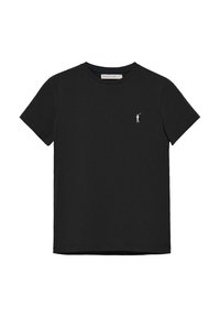 Zwarte katoenen t-shirt met korte mouwen en een ronde hals. Voorzien van een klein wit logo dat op de linkerkant is geborduurd. Soepele textuur.