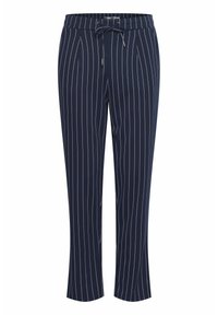 Navy blue pants with a drawstring waist, featuring white vertical stripes. Made from a soft material, cut for a relaxed fit.