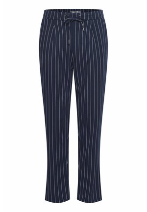 Pantalons bleu marine avec une taille à cordon de serrage, ornés de bandes verticales blanches. Fabriqués dans un matériau doux, ils sont coupés pour un ajustement décontracté.