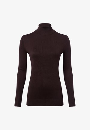 Brauner Rollkragenpullover aus geripptem Strickstoff. Verfügt über lange Ärmel und ein tailliertes Design, das den Oberkörper betont.