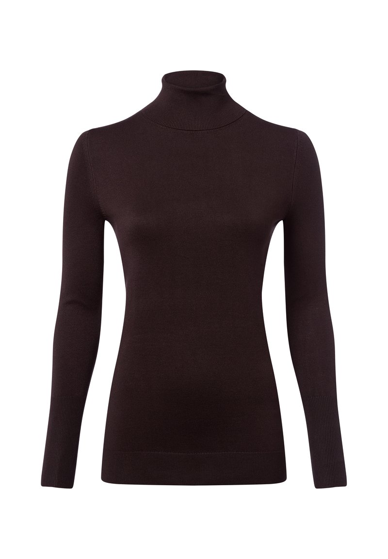 Brązowy sweter typu golf wykMade of fabric ribbed knit. Posiada długie rękawy i dopasowany krój, który podkreśla sylwetkę.