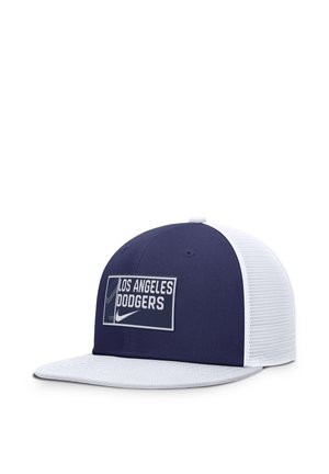 Gorra de béisbol de Los Angeles Dodgers en azul marino y blanco con visera blanca plana y parte trasera de malla, con el nombre del equipo y el logo de Nike en el panel frontal.