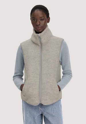 Person wearing a light gray zip-up fleece vest over a light blue sweater and blue jeans, standing with hands in vest pockets.