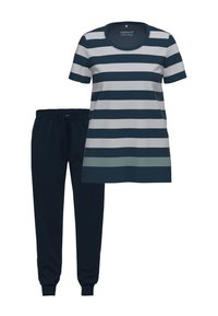 Lyhythihainen tummansininen ja valkoinen vaakasuora raidoitettu paita, joka on yhdistetty tummansinihin, joustovyötäröisiin farkkushortseihin.