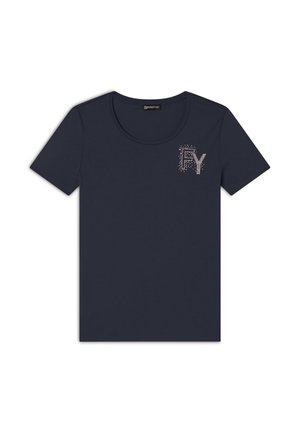 T-shirt blu navy a maniche corte realizzato in morbido cotone, con scollatura a barchetta e decorazione con strass che formano la scritta "FY" sul petto.