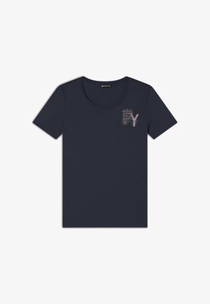 T-shirt blu navy a maniche corte realizzato in morbido cotone, con scollatura a barchetta e decorazione con strass che formano la scritta "FY" sul petto.