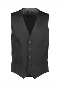 Gilet nero con design a V, chiusura frontale a cinque bottoni, due tasche laterali e texture liscia. Adatto per abbigliamento formale.