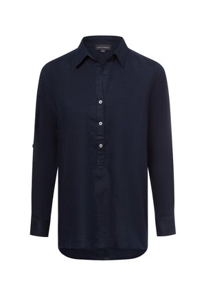 Navyblaue Langarmbluse mit Kragen, ausgestattet mit einer halben Knopfleiste und zwei Brusttaschen. Glattes Material mit einer leicht strukturierten Oberfläche.