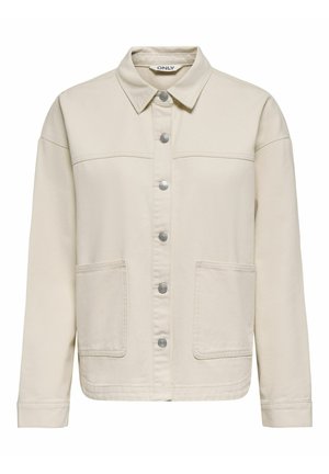 Veste beige à manches longues boutonnée avec col pointu et deux poches plaquées à l'avant, en tissu texturé.